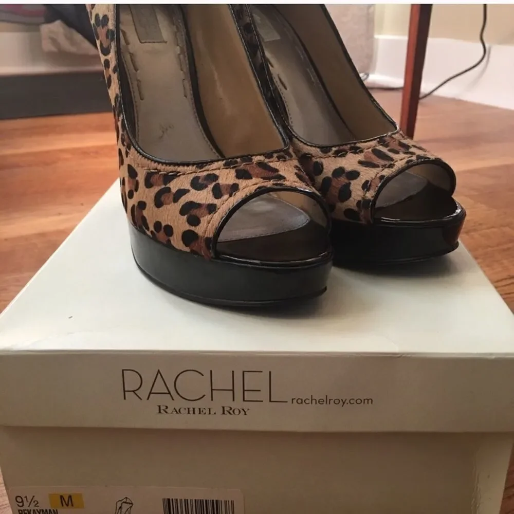 Rachel Roy Leopard Patent Leather Peep Toe Platform Heels Size 9.5